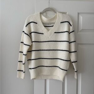 Lush White V-Neck Sweater with Black Stripes